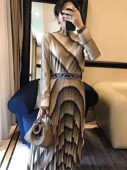 

Two Piece Set 2020 Spring Summer Skirt Suits Women Stand Neck Geometric Prints Long Sleeve Tops+Mid-Calf Pleated Skirt Sets