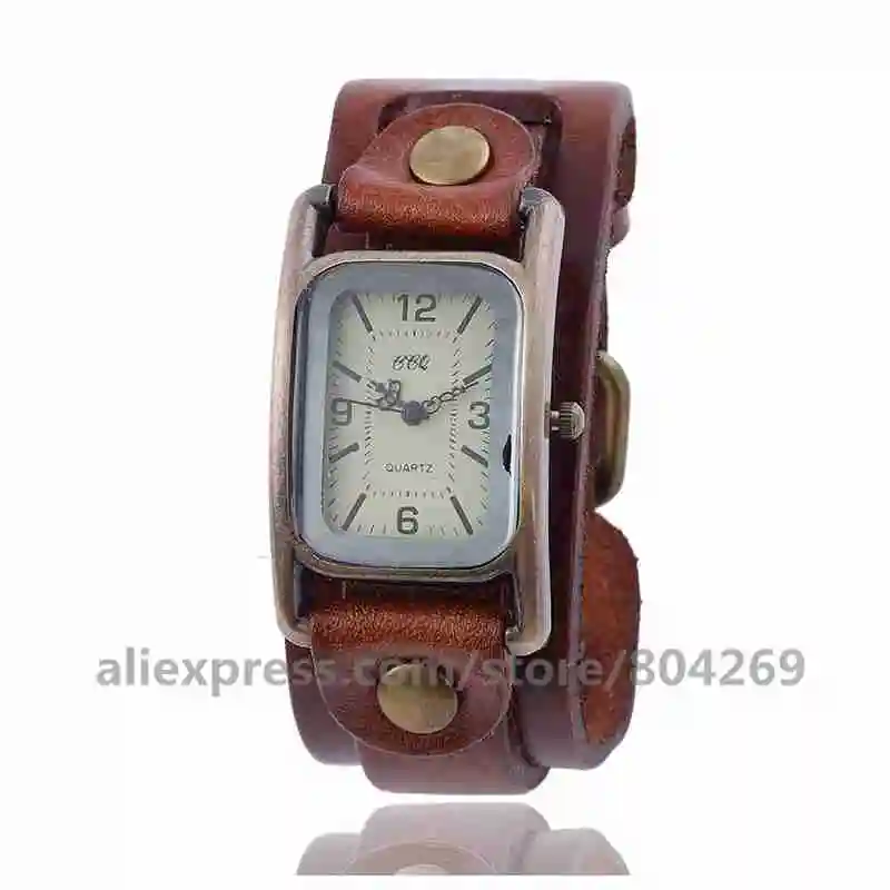 CCQ Vintage Rectangle Leather Bracelet Watch Antique Bronze Dial Women Wrist Watch Quartz Black Watch CCQ 920043 - Цвет: dark brown