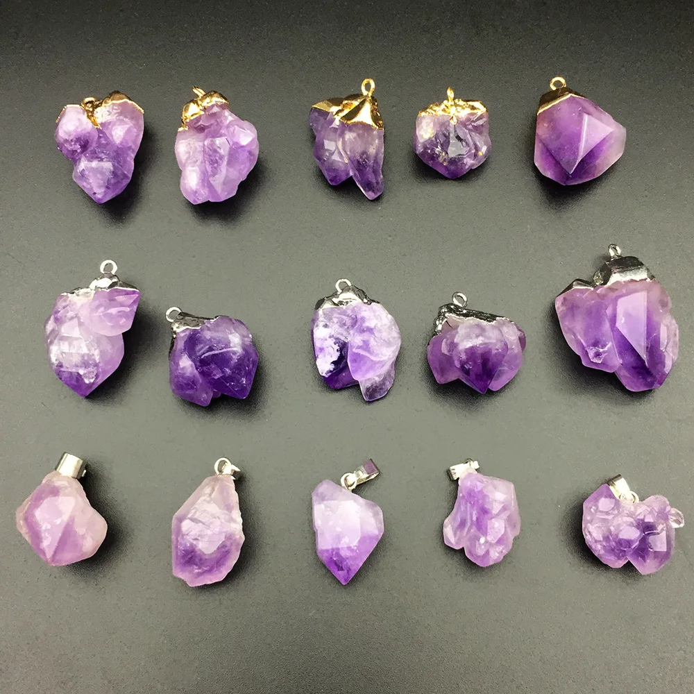 

Retro Chakra Pendant Small Flower Nuggets Raw Purple Quartz Crystal Stone Reiki Healing Natural Amethysts Pendants for women
