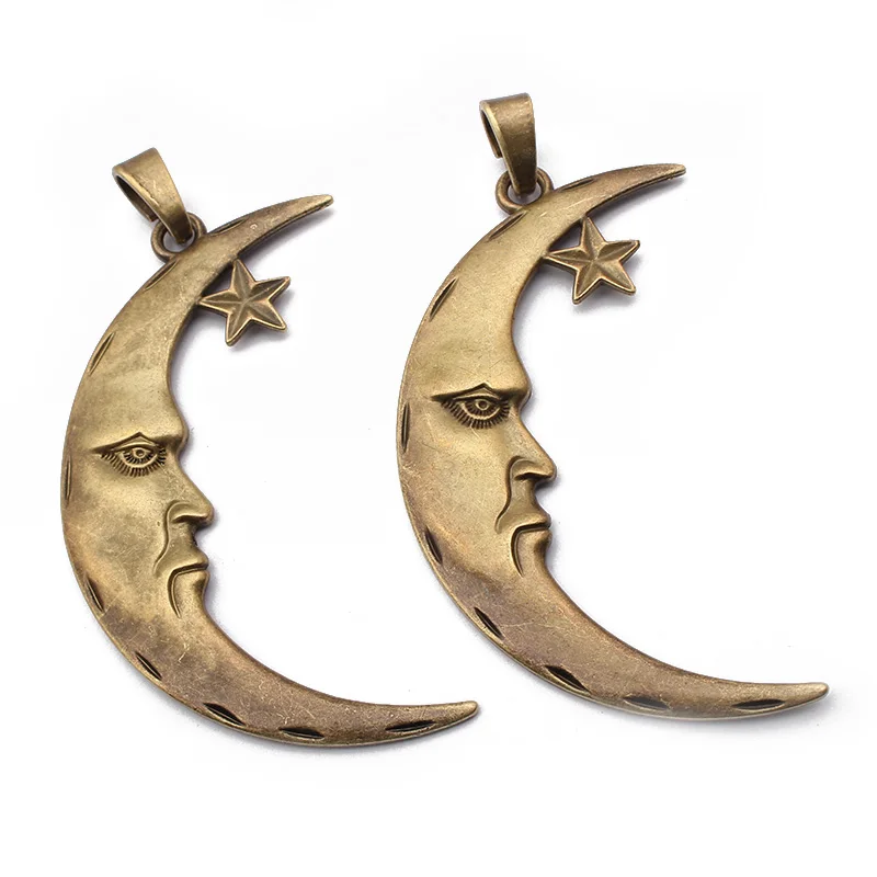 5Pcs Large Tibetan Bronze/Silver Crescent Moon Human Face Charms Pendant For DIY Necklace Jewelry Making Supplies