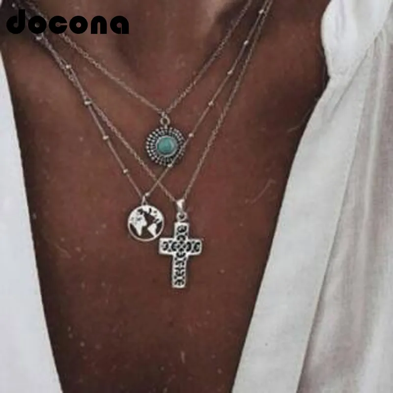 Docona Boho пляж карта крест полый геометрический кулон ожерелье для женщин зеленый