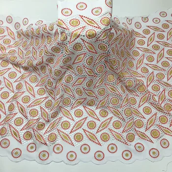 

Women dresses in white Swiss Voile Lace Fabric red and golden color circles and diamond pattern new arrival 100% Cotton fabric