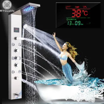 

Stainless Steel LED Light Shower Panel Faucet Wall Mounted SPA Massage System Shower Column System Digital Temperature Screen