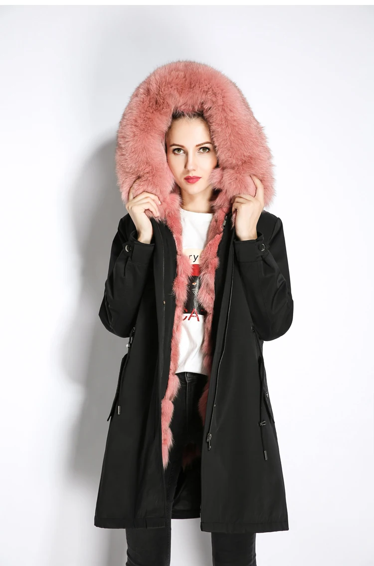 Fur Coat Plus Size Drop Shouler Pink Raccoon Fur Collar Hooded Warm Long Parkas Women Winter Casual Fox Fur Lining Fur Outwear