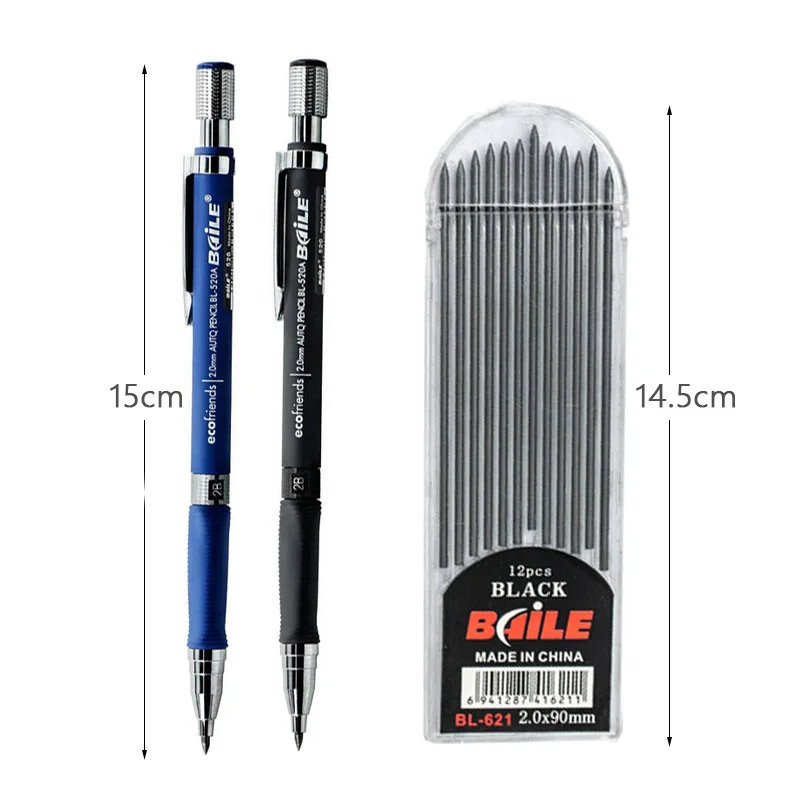 2.0mm Metal Mechanical Pencils with 12PCS Leads HB Lead Holder Drafting  Drawing Pencil Set Writing School Stationery