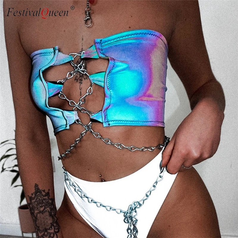 

Holographic Reflective Crop Top Women Criss Cross Metal Link Chains Tank Tops Goth Backless Hollow Vest Summer Party Halter Top