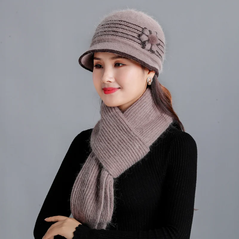 Новая зимняя женская шапка с кроличьим мехом, шарф, комплект из теплой шерсти, вязаные плюшевые шарфы, 2 шт., вязаная шапка для мам, подарки, флисовая шаль