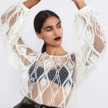 

New ZA Chiffon Blouse Women Trendy Round Collar Long Sleeve Hollow Out Elastic Cuffs Split Back Charm Tulle Blouse Wholesale