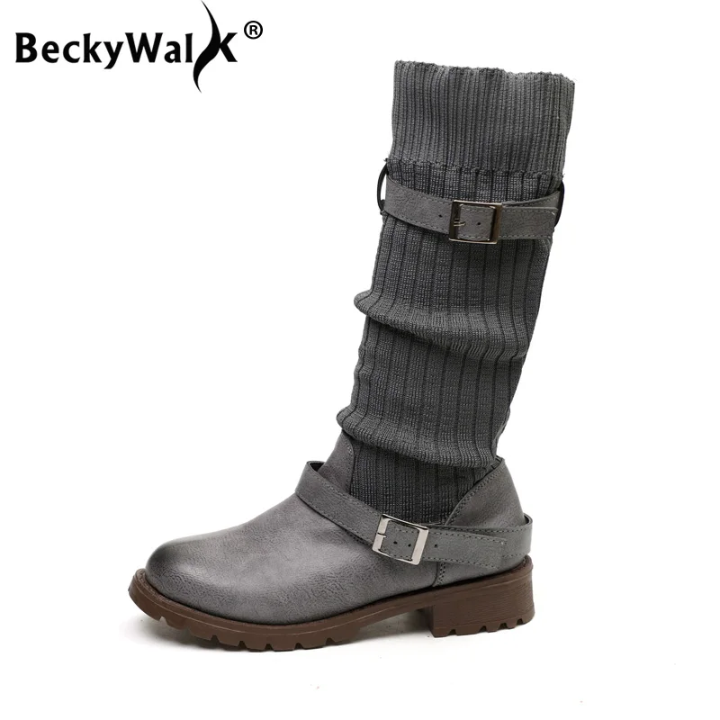 

2019 New Knitting Wool Knee High Boots Women Square Low Heels Autumn Winter Women Boots for Ladies Shoes Plus Size 35-43 WSH3445
