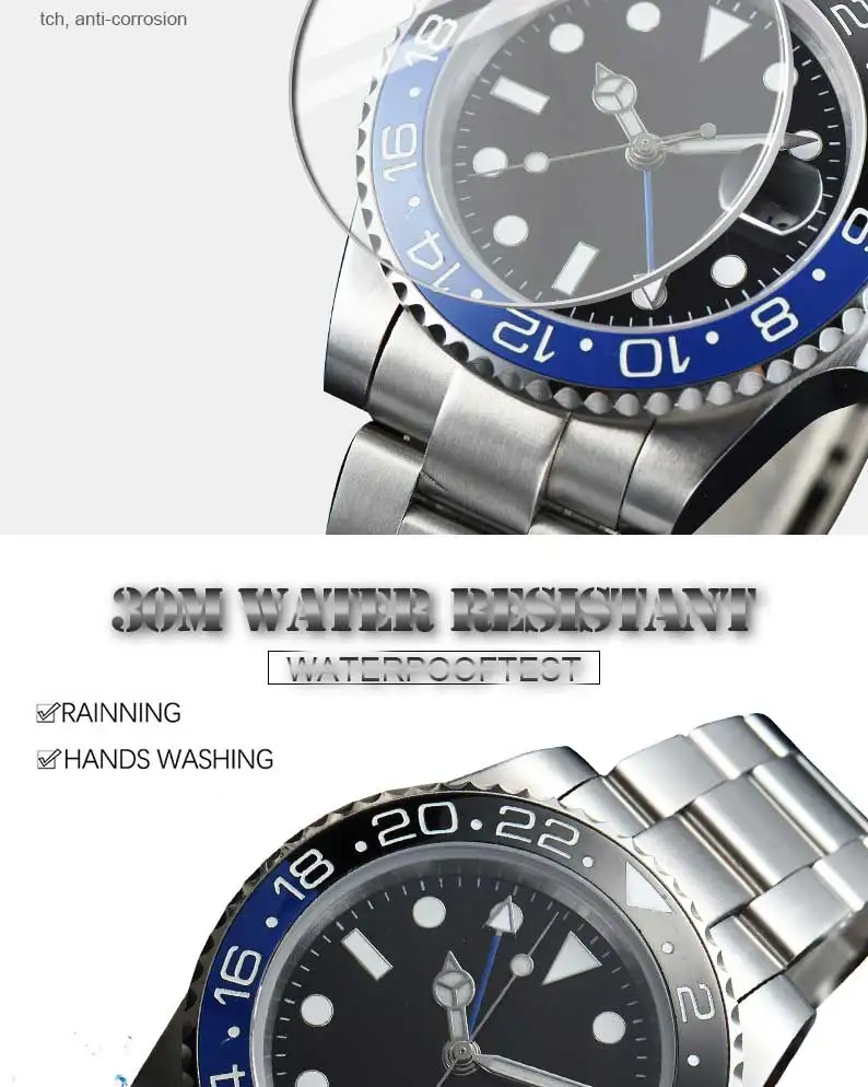 Новые мужские военные GMT автоматические часы 40 мм стерильные синий черный кольцо сапфировое стекло движение даты 6217