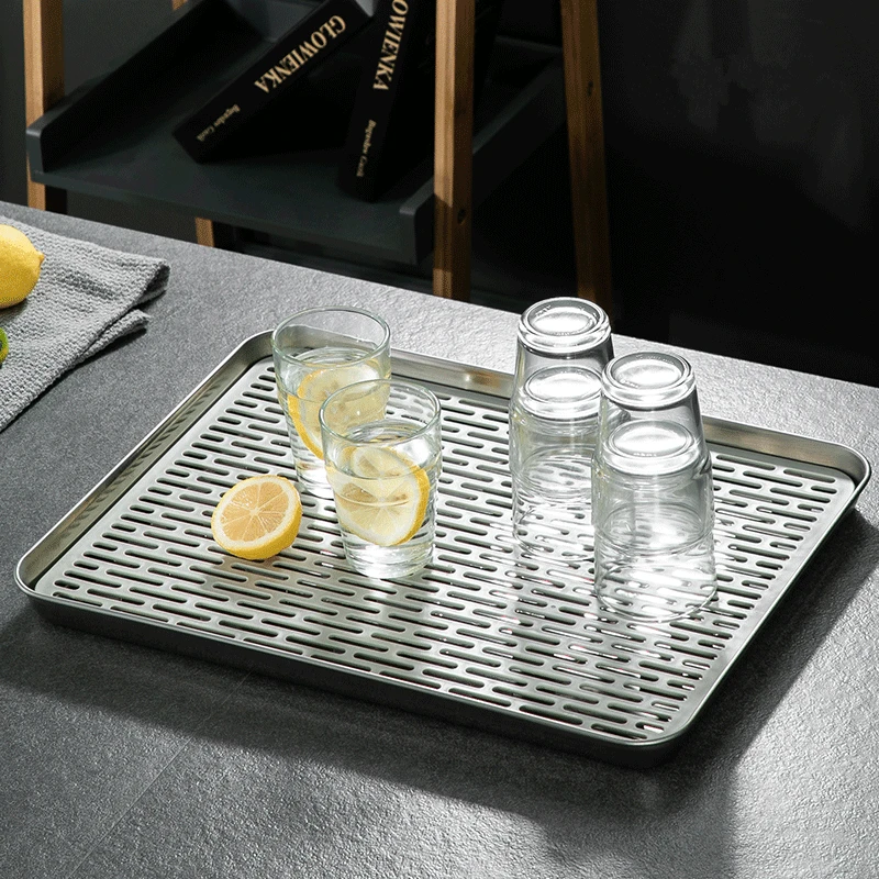 Tea Tray 304 Stainless Steel Chinese Tea Tray Rectangle Hollow Drain Board Barbecue Filter Oil Plate Cup Food Storage Pan Ceremony Tools