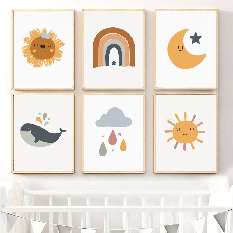 

Cartoon Anima Sun Stars Posters and Prints Moon Rainbow Canvas Prints Kids Room Wall Art Decoration Picture Children's Room Art