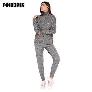 

FORERUN 10 Colors Two Piece Set Turtleneck Sweater Top and Knitted Pants Winter Casual Tracksuit Women Soft Ropa Deportiva Mujer