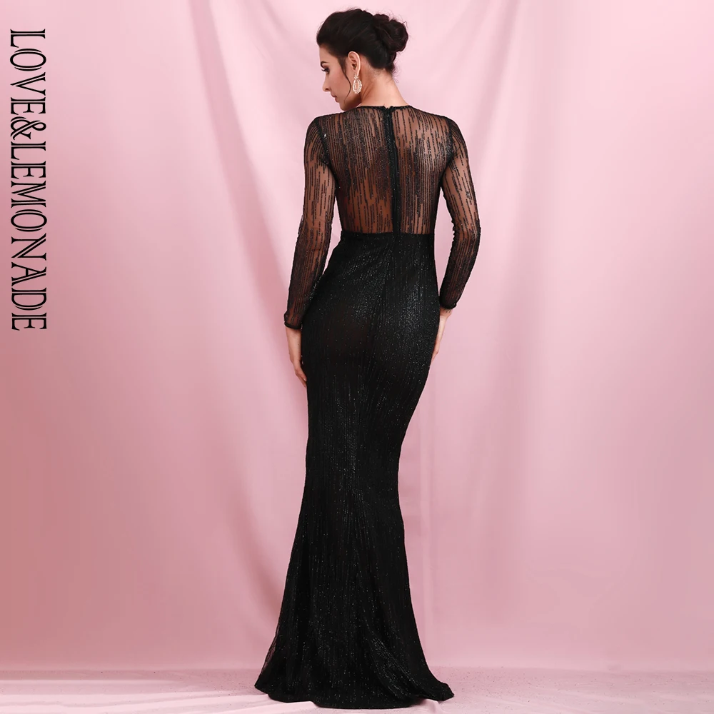 LOVE& LEMONADE черный круглый вырез с длинным рукавом Перспектива Назад Bodycon с наклеенными блестками материал Maix платье LM6496-9