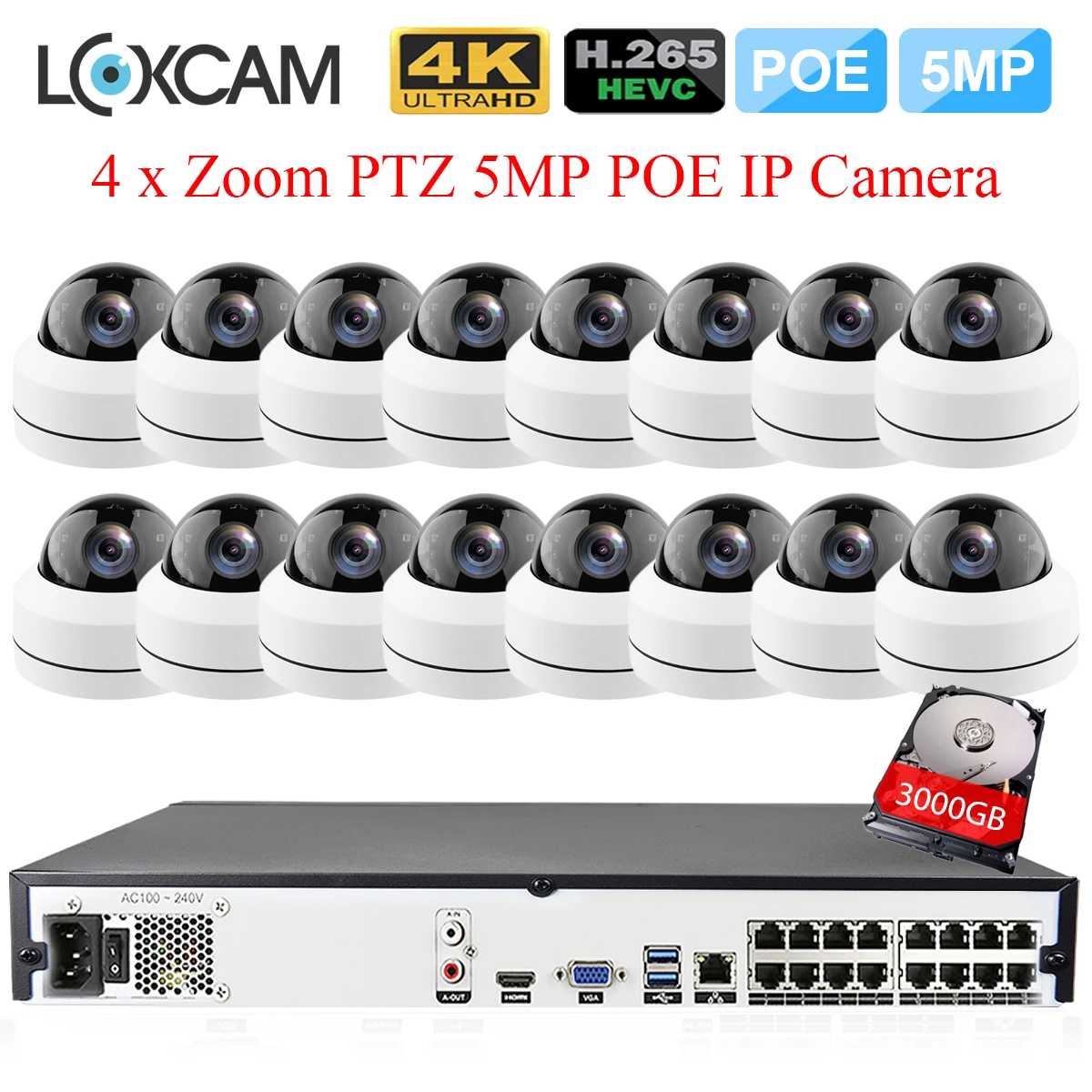 LOXCAM H.265 + 16 каналов 4K POE камера 5 Мп PTZ Автоматический зум купольная Антивандальная