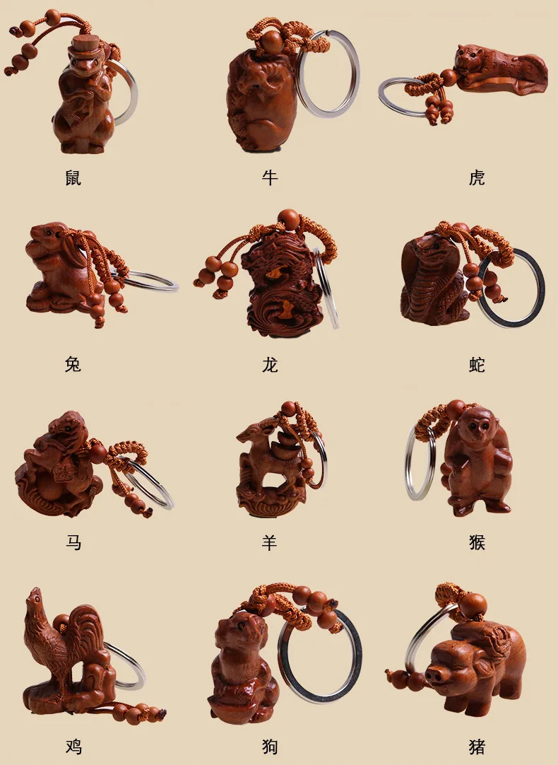 Персиковое Дерево стерео резьба автомобильный брелок Китайский Зодиак Подвески Крыса Бык Тигр кролик дракон змея лошадь овца обезьяна, курица собака P