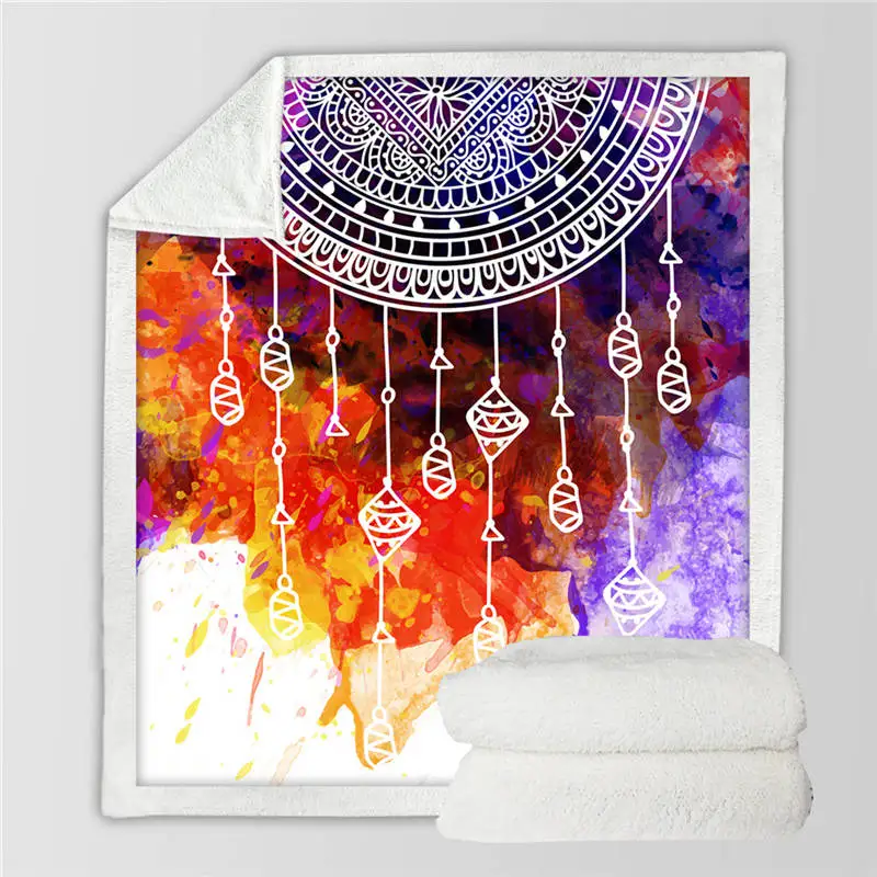 BeddingOutlet Soft Velvet Plush Throw Blanket Watercolor Dreamcatcher Sherpa Blanket for Couch Blue and Pink Throw Travel - Цвет: Colorful