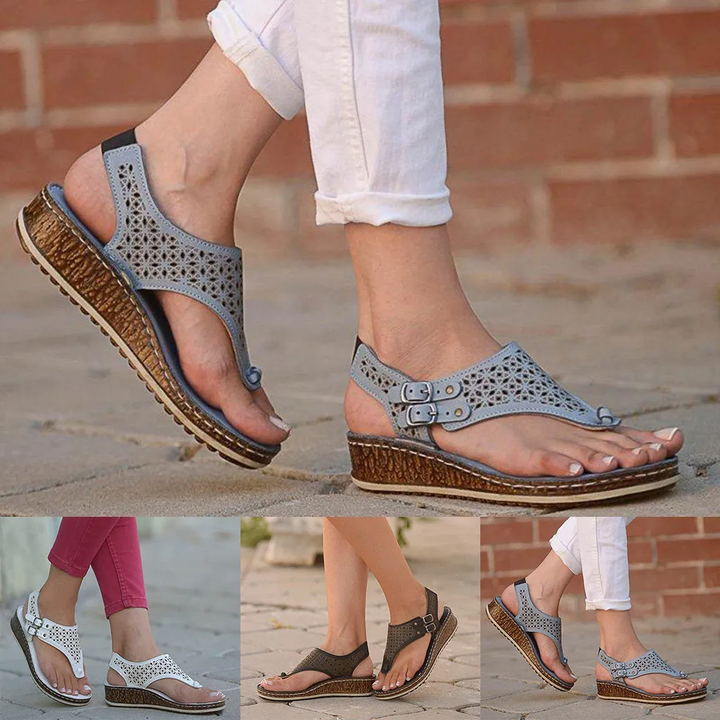 

WoMen Sandals Ladies Summer Hollow Out Wedge Buckle Sandals Casual PU Shoes Female Soft Beach Shoes Plus Size M50#