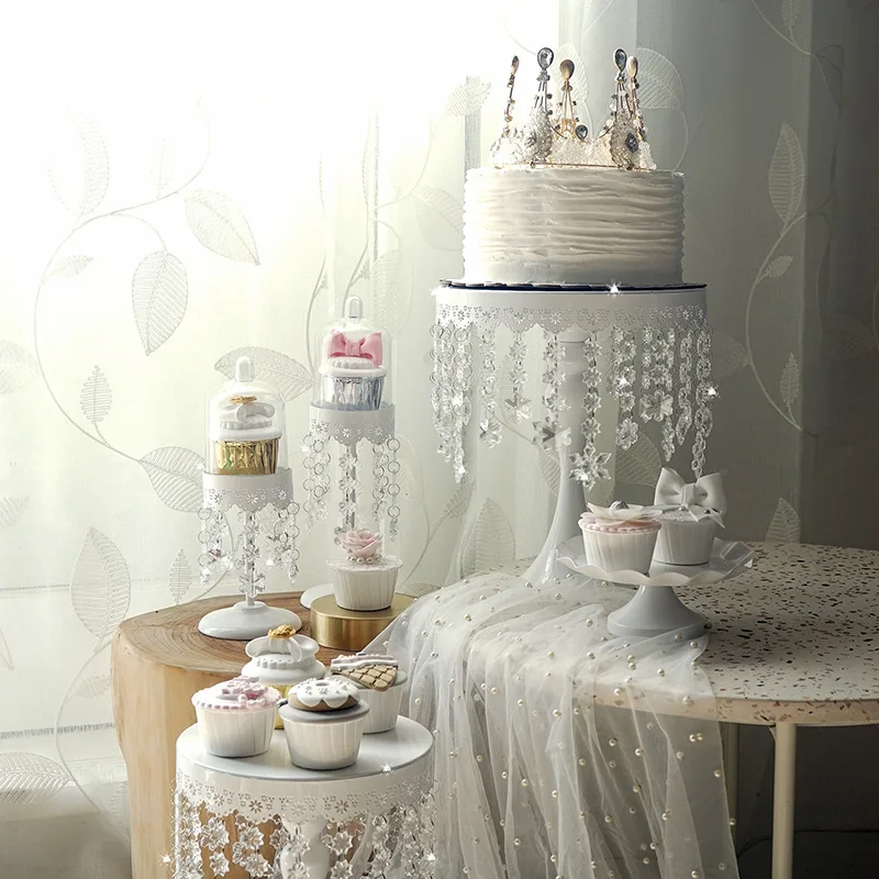 JAROWN Crystal Pendant Iron Cake Stand Wedding Props Acrylic Decoration European Cake Plate Home Birthday Party Candy Dish Tray (24)
