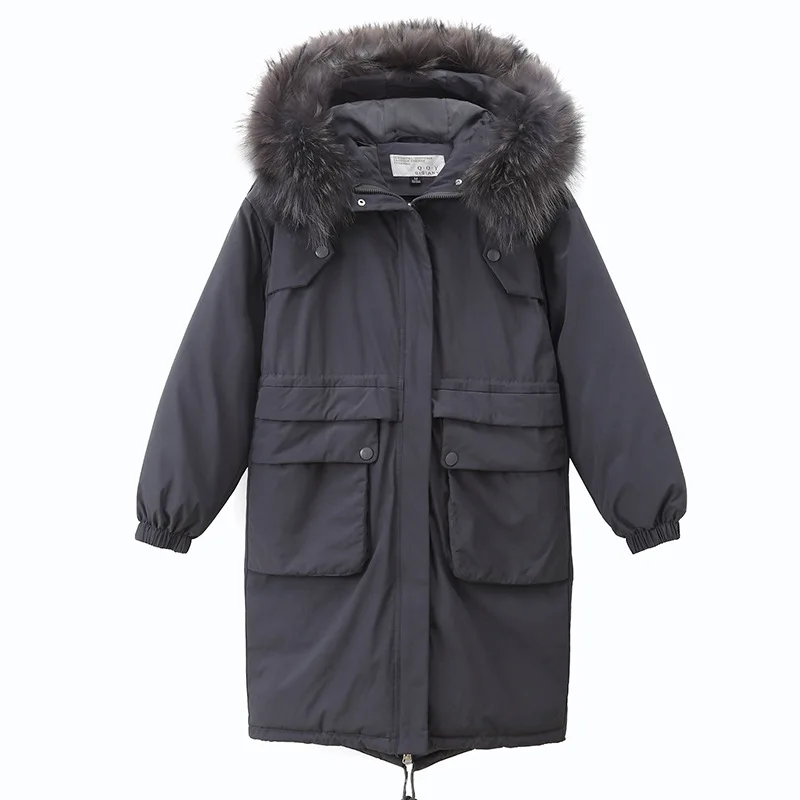 Женская куртка с большим меховым воротником, зимняя куртка для женщин, теплая Утепленная зимняя куртка с капюшоном, Женская хлопковая пуховая парка, большие размеры
