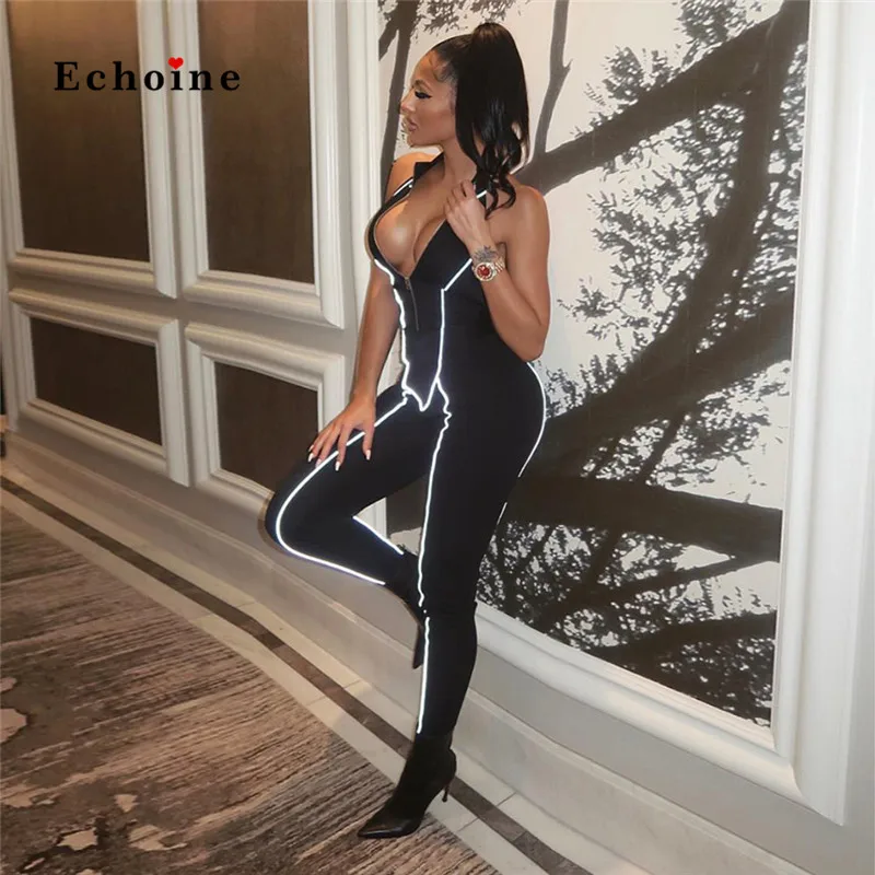 

Echoine Women Sexy Jumpsuit Reflective Lady Minimalist Halter Sleeveless Shinny Rompers Long Pencil Pants Trendy Sport Outfits