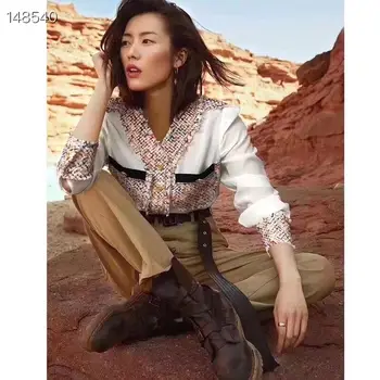 

New Arrival 2020 Spring Runway Luxury Vintage Women Chain Patchwork Tweed Blouses Casual Office Shirts White / BlacK Blouses