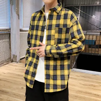 

Plus Asian Size L-5XL 95% COTTON Shirt For Men Long Sleeves 2020 Spring Plaid Style Fashion Casual Clothing