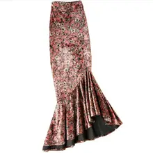 Бархатная юбка-Русалка с цветочным принтом, Женская осенне-зимняя юбка с высокой талией, юбка-труба размера плюс 4XL