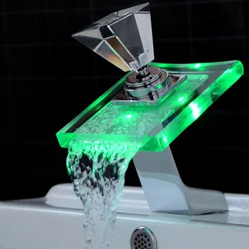 

Washbasin Faucet LED Waterfall Faucet Washbasin Bathroom Hot And Cold Water Temperature Control Color Light Glass Faucet Basin
