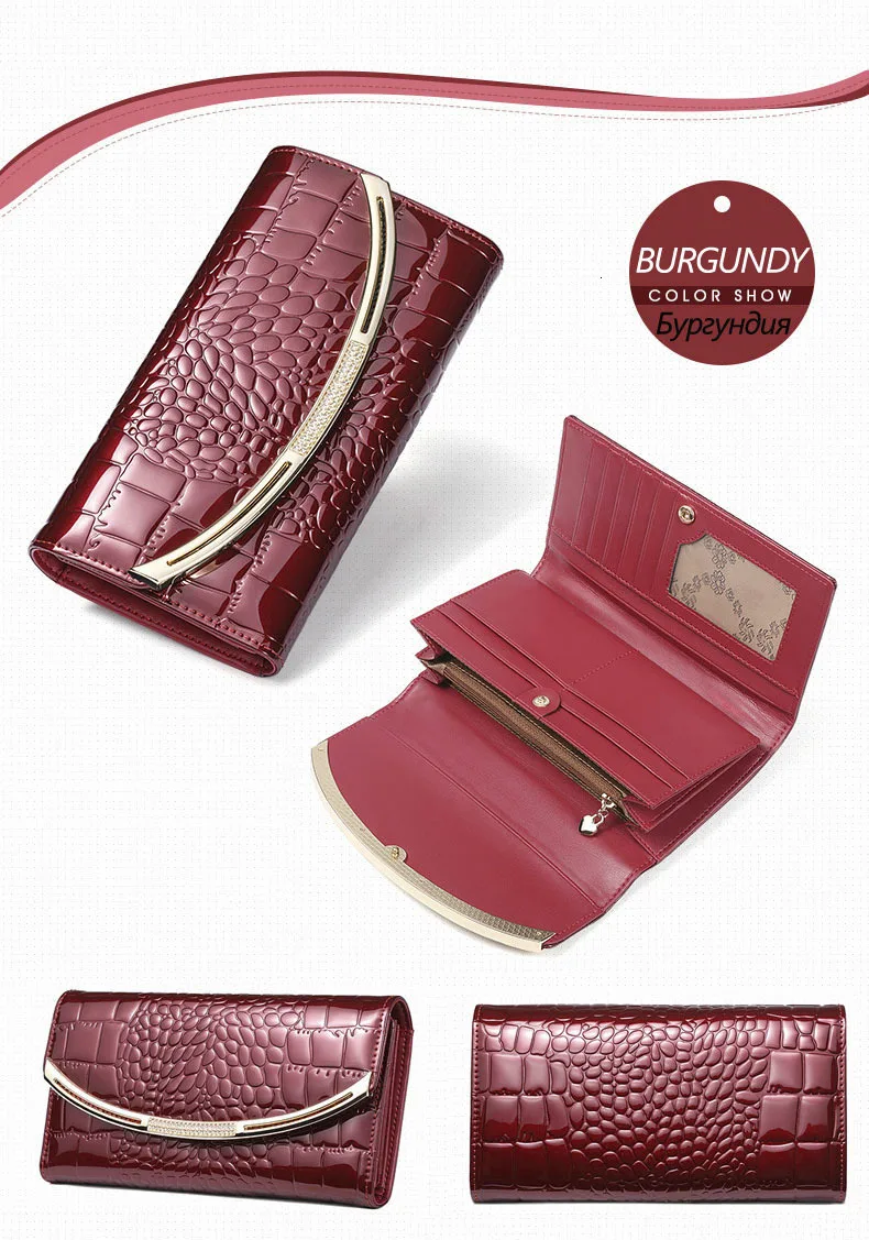 LUCDO Brand Designer Genuine Leather Women Long Wallet 3 Fold Large Capacity Patent Leather Wallet Luxury Coin Purse Card Holder