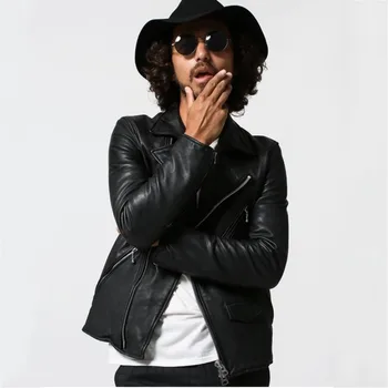 

Top Brand Classic Mens Slim Fit Sheepskin Genuine Leather Jacket Biker Zipper Punk Short Coat Motorycle Chaqueta Cuero Hombre