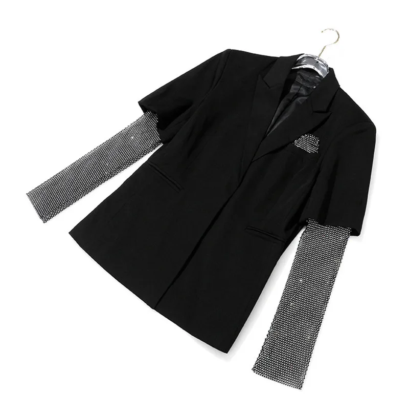 Осень, новая мода 2019, подиумная Женская куртка, длинный рукав, бриллианты, пэчворк, с закрытой грудью, черный блейзер