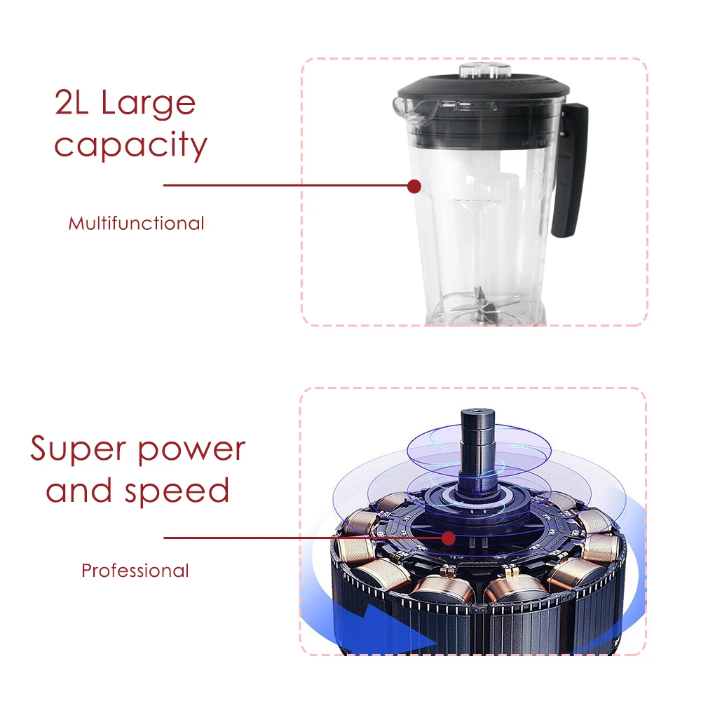 Commercial 2L Smoothie Blender 2200W Professional Power Blender Mixer Fruit Juicer Cocktail Bar Food Processor With Mixing Stick