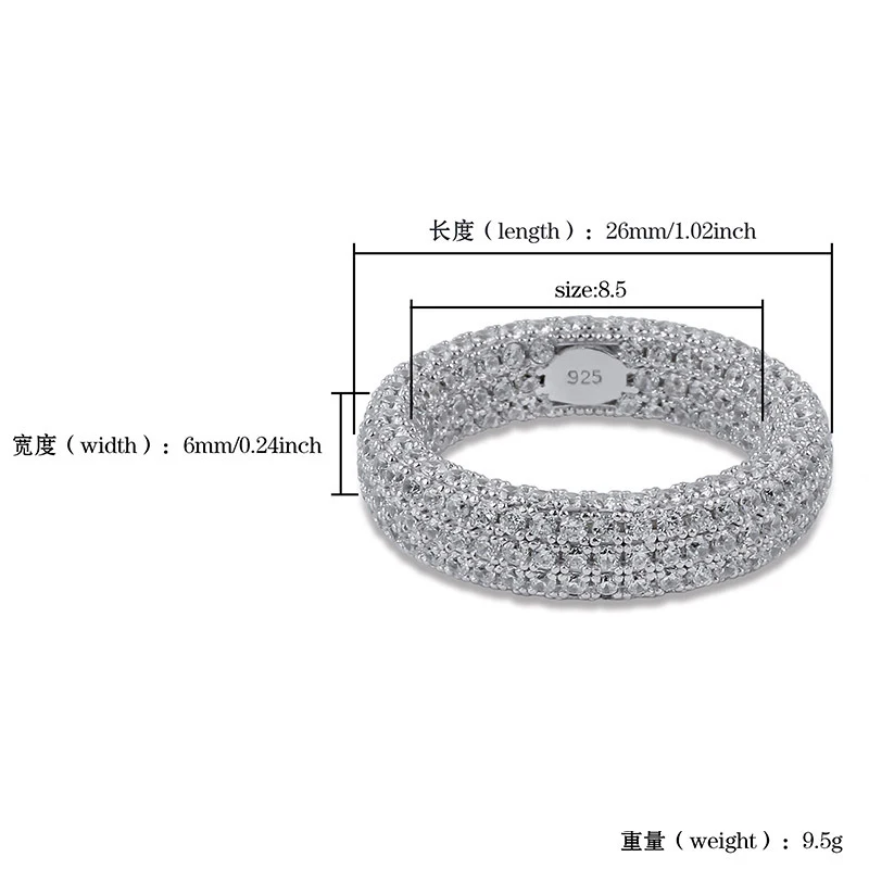 S925 серебро микро проложить AAA кубический цирконий Bling Iced Out круглые кольца на пальцы для мужчин и женщин хип-хоп рэппер ювелирные изделия Размер 7-11