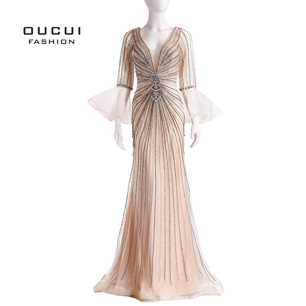 Женское вечернее платье с бусинами и русалочкой, коллекция, длинное коктейльное платье с жемчугом, винтажное вечернее платье с длинным рукавом и шлейфом, OL103624 - Цвет: Champagne