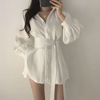 

2019 Fall Women Korea Turn-down Collar Blouse Loose Elegant Lantern Sleeve Shirt Female Long With Belt Shirt