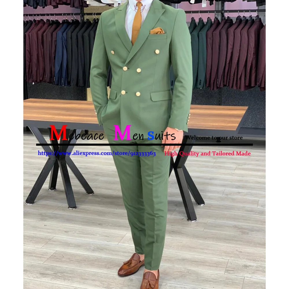 Olive Green Men Suit Slim Fit 2 Pieces Jacket Pants Sets Handsome Peaked Lapel Tailored Suits Groomsmen Blazers Costume Homme coat suit for men Suits & Blazer