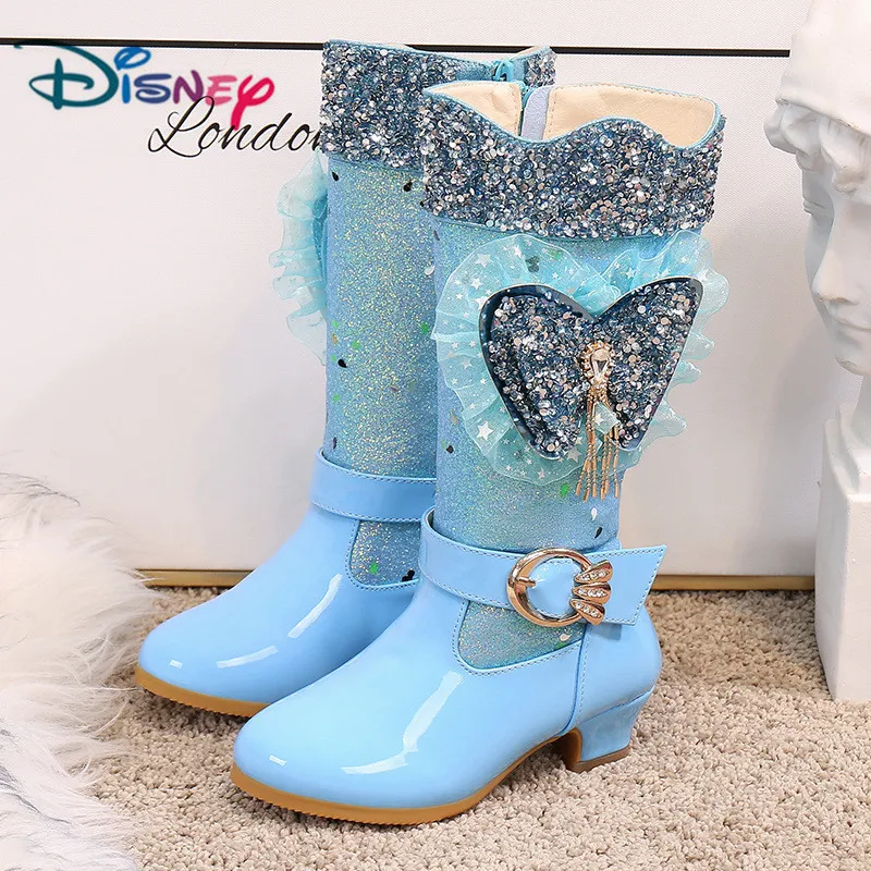 Blue Disney/Новые высокие сапоги с бантом; обувь для девочек на высоком каблуке; сезон осень-зима; теплые детские сапоги с блестками; зимняя обувь - Цвет: Blue