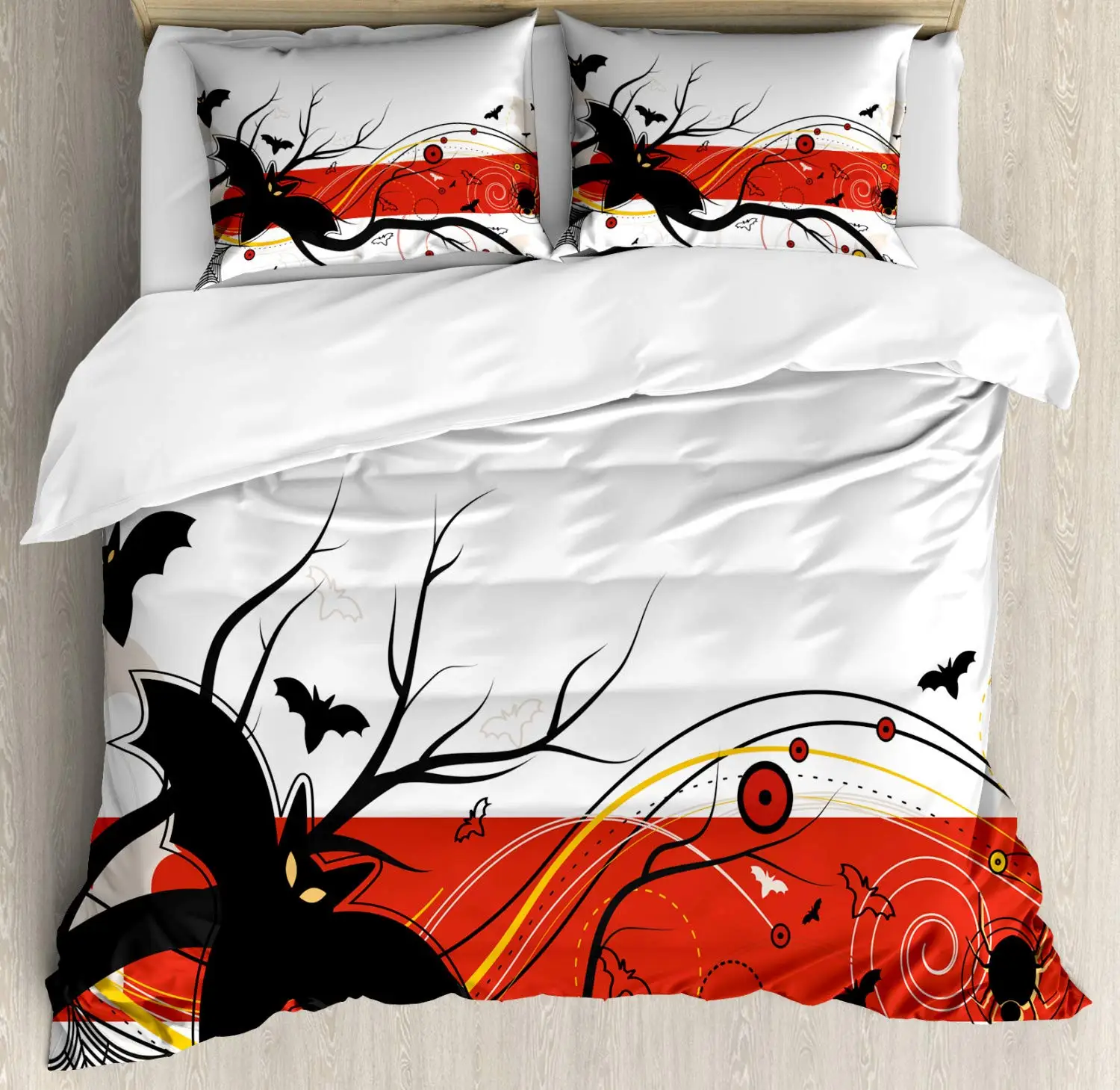 Halloween Duvet Cover Set Spooky Bats and Spiders Swirls 3 Piece Bedding Earth Yellow Pale Eggshell Charcoal Grey Vermilion | Дом и сад