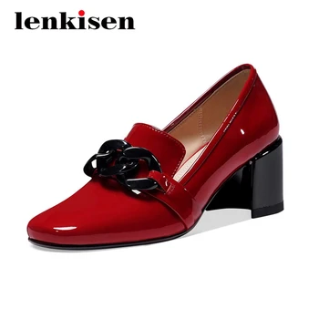 

Lenkisen big size genuine leather chains three colors shallow square toe high strange heel young lady dating women pumps L5f1