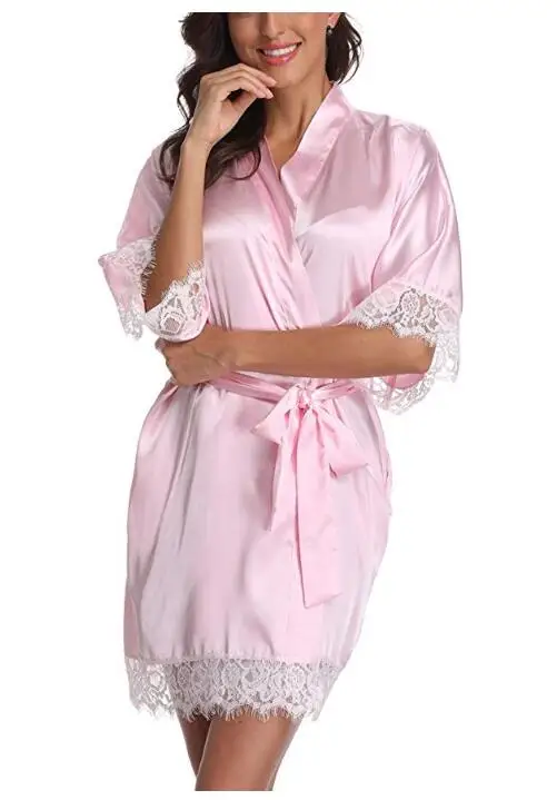 Hot White Women Silk Lace Robes Wedding Bridesmaid Bride Gown kimono Solid robe Sleepwear Nightgown Bridesmaid Robes size M-XL - Цвет: pink