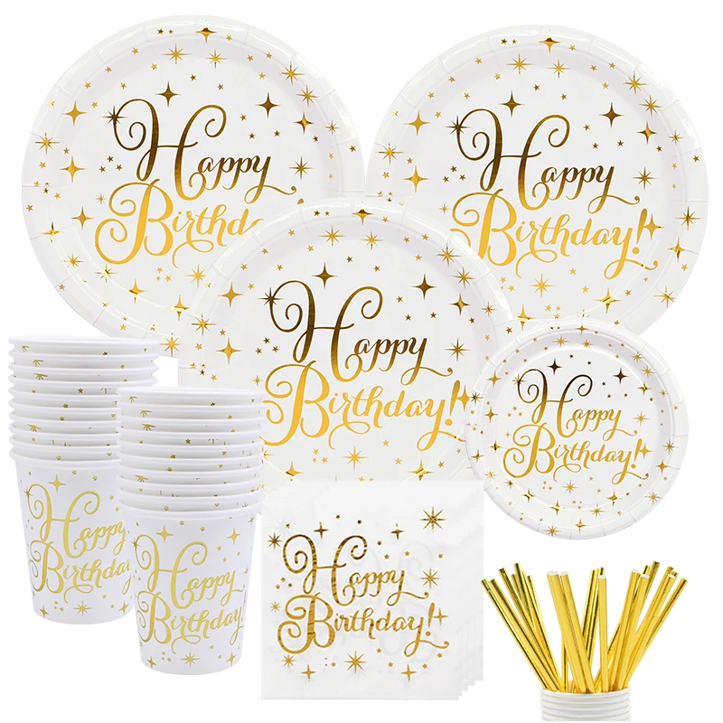 

Gold Happy Birthday Party Supplies Set,Disposable Dinnerware Set , Birthday Paper Plates,Napkins,Cups,Banner Balloon