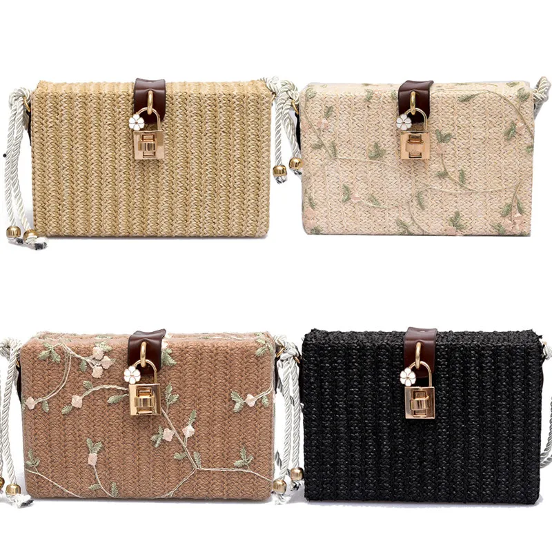 USFashion Lady Floral Print Beach Rectangle Box Bag Rattan Straw Crossbody Bags Bohemia Handbag Shouldbag
