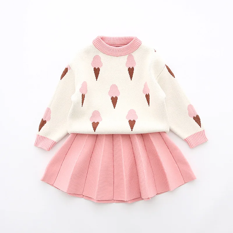 

Girls Spring Clothing 2019 New Sweet Ice Cream Sweater Set Baby Half-length Pleated Skirt Two-Piece Set