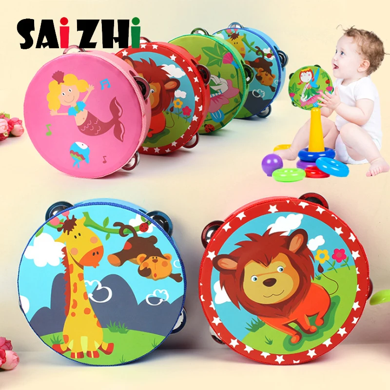 Saizhi 1 шт. Обучающие игрушки подарок ручной барабан колокольчик Деревянные Музыкальные игрушки барабанные погремушки Игрушка Случайная