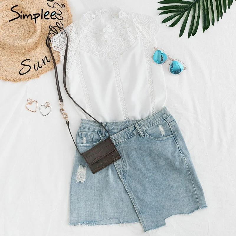 Comprar Simplee elegante bordado blanco encaje tapas mujeres sin Mangas de gasa cami camisetas Sexy estilo de verano Camisetas De mujer camisola