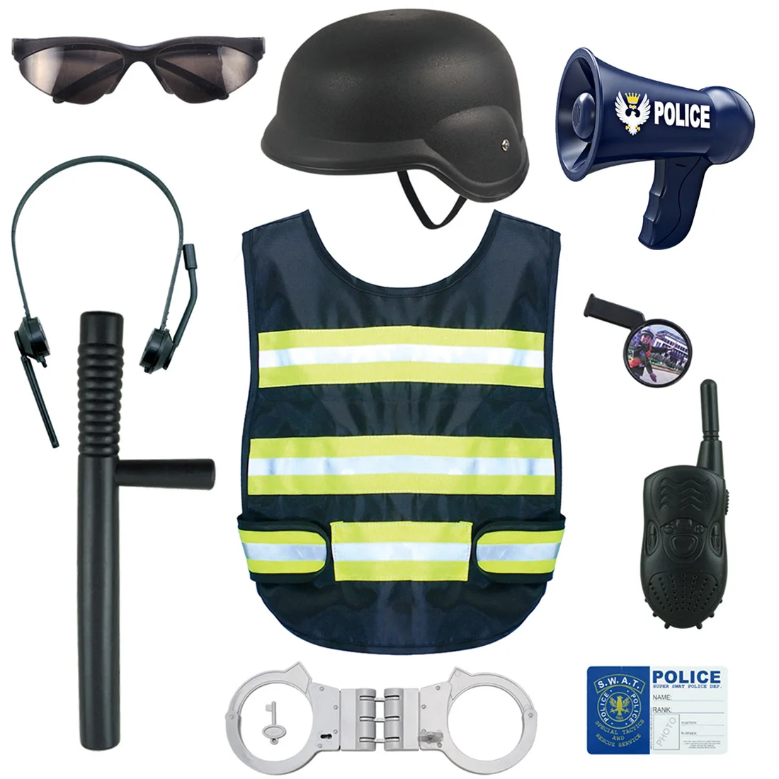 

10Pcs Children Role Play Police Kit Cop Dress-Up Playset Role Play Police Vest Waistcoat With Reflective Strips Game Toy Set