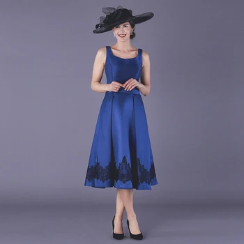 

Sexy Royal Blue Mother of The Bride Dresses Square Neck Sleeveless Tea Length Applique A-line Satin Mother Dress Party Gowns
