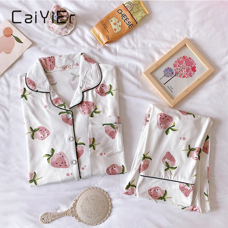 

CAIYIER Autumn Winter Peach Print Pajamas Set Women Lingerie Nightwear Soft Girls Casual Long-Sleeve Cardigan+Trousers Homewear