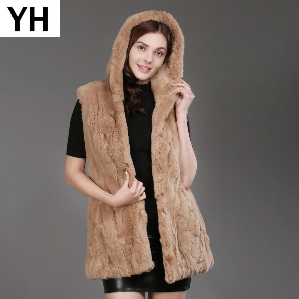 

2019 Autumn Winter Women Real Rex Rabbit Fur Hooded Vest Lady Warm Rex Rabbit Fur Gilet Long Style Rex Rabbit Fur Waistcoat Coat